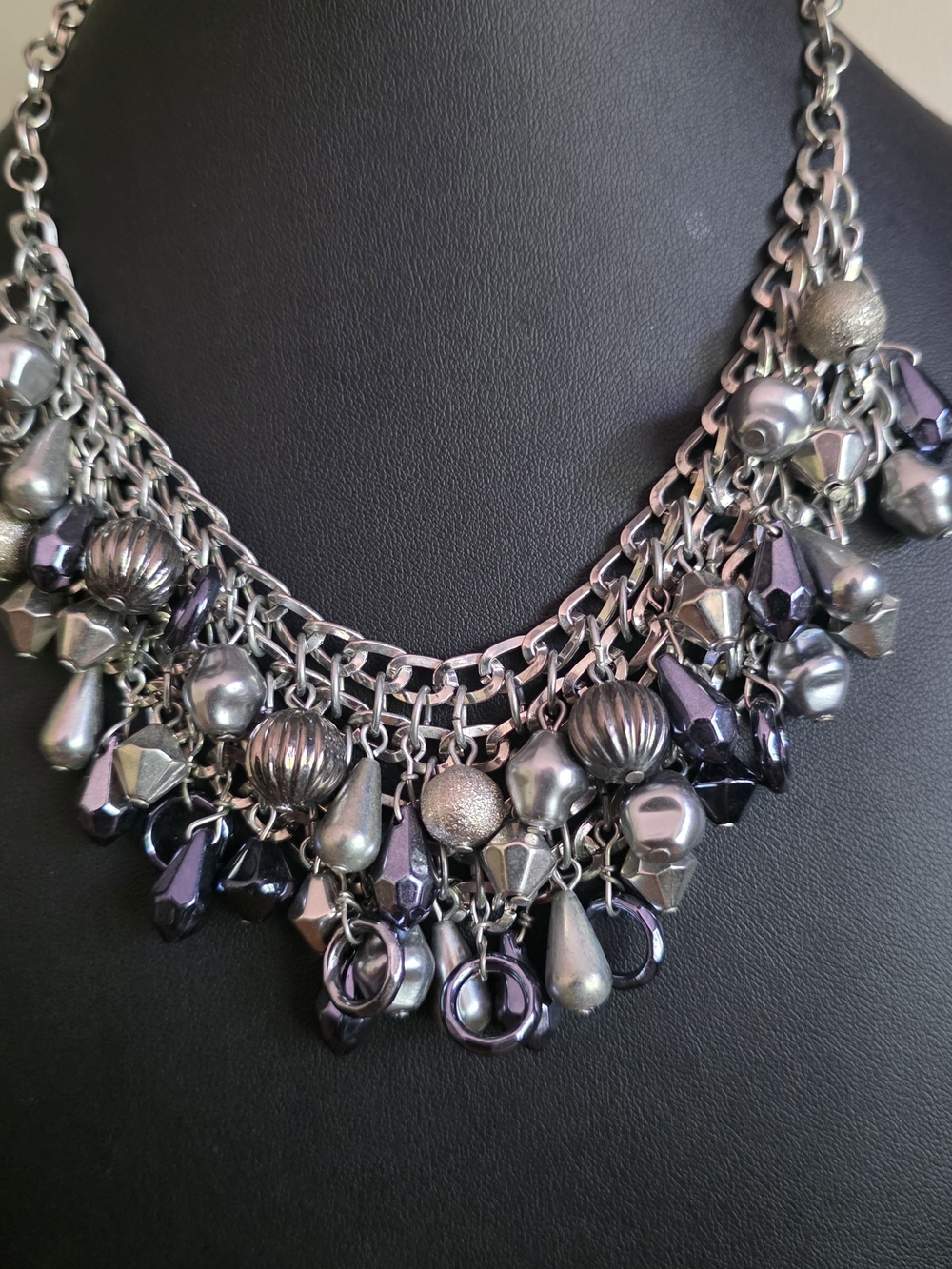 Statement Mixed-Metal Beaded Fringe Necklace - Silver and Gunmetal. Edgy · Moody